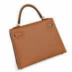 Golden Brown, Gold and Silver buckles, Kelly 25, imported Epsom — Polished Structured Handbag