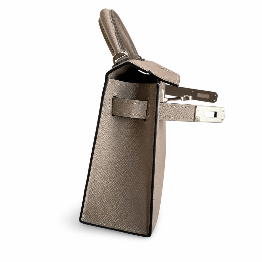 handmade Mini Kelly II 19cm imported Epsom Leather asphalt gray Silver Buckle — Versatile Mini Carry Design