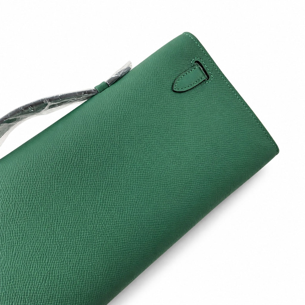 Kelly cut 31 clutch Epsom malachite green Silver Buckle — Sophisticated Evening Clutch