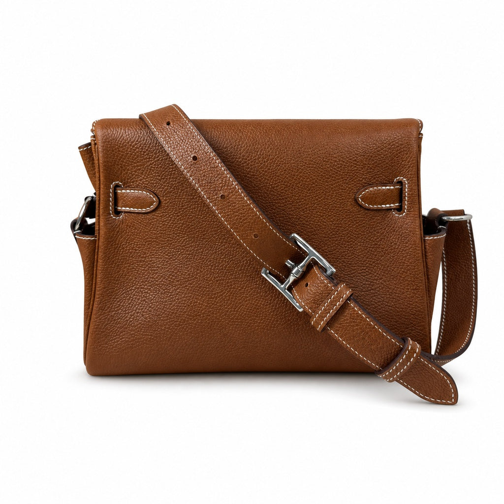 Kelly Messenger messenger bag for men and women, Fubao leather Gold Brown Silver Buckle, imported leather, all-steel hand-waxed thread, the highest — Versatile Structured Bag