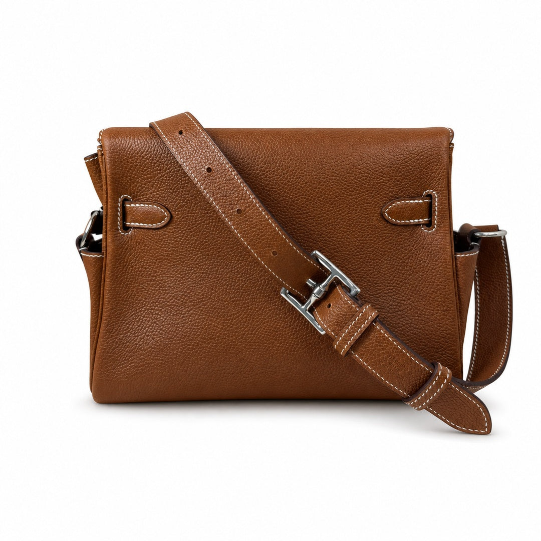 Kelly Messenger messenger bag for men and women, Fubao leather Gold Brown Silver Buckle, imported leather, all-steel hand-waxed thread, the highest — Versatile Structured Bag