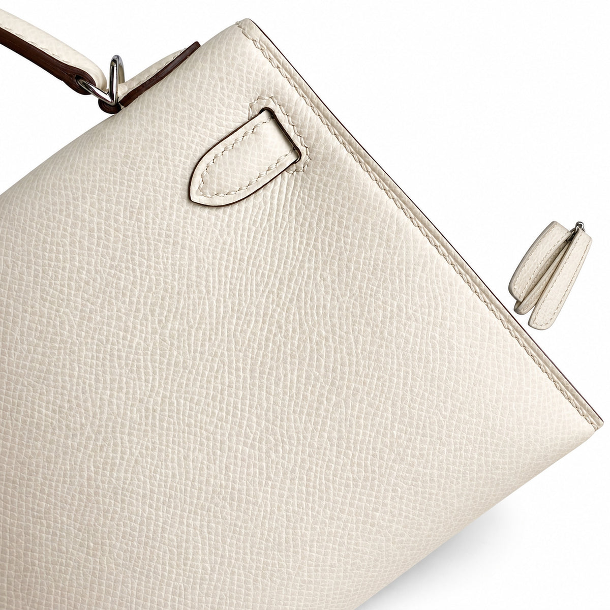 handmade Mini Kelly II 19cm imported Epsom Leather cream White Silver Buckle — Elegant Compact Carry Style