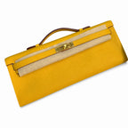 Slim Evening Clutch: Kelly cut clutch, evening bag, Epsom Leather, wax thread hand-sewing, amber yellow, Gold Buckle