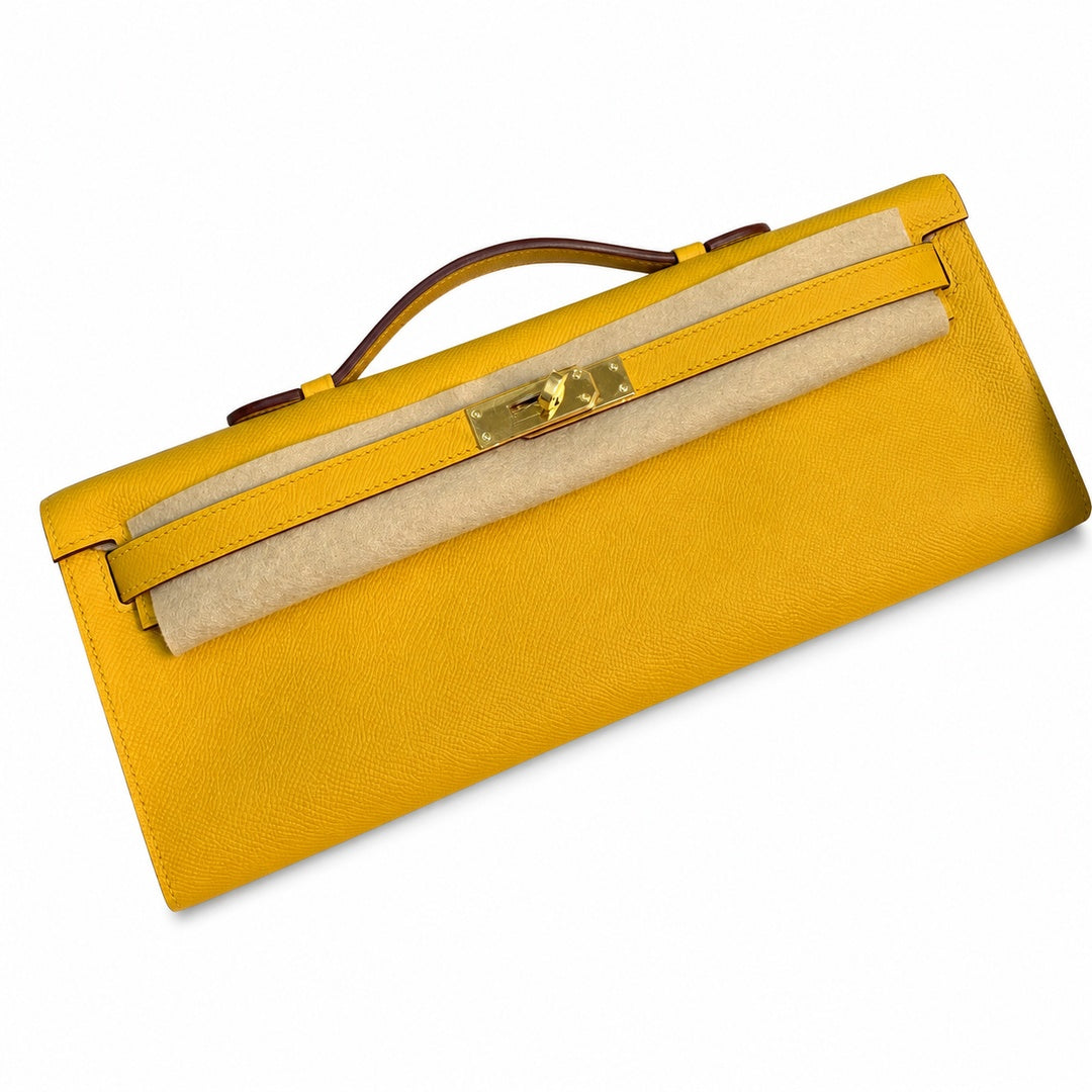 Slim Evening Clutch: Kelly cut clutch, evening bag, Epsom Leather, wax thread hand-sewing, amber yellow, Gold Buckle