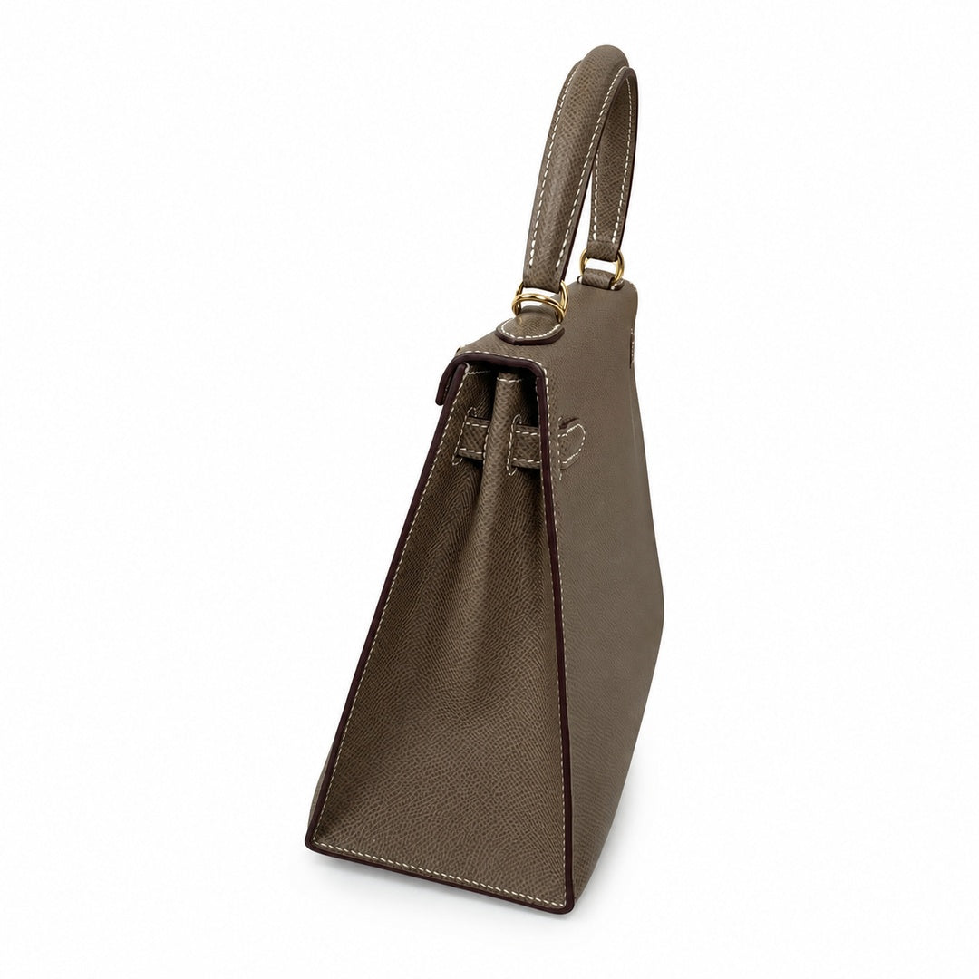 Classic Hand-Carry Silhouette: Kelly 25 Elephant Gray Epsom Gold Buckle, fully handmade with wax thread