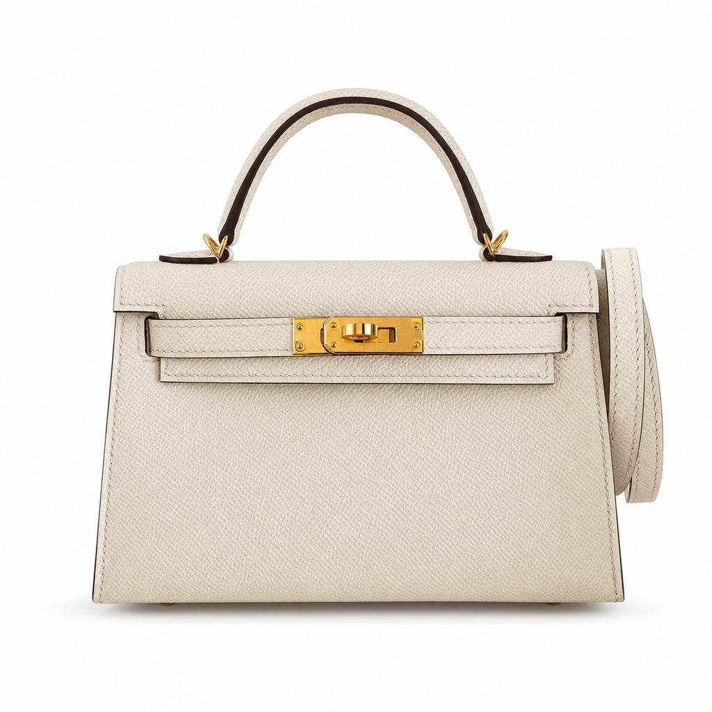 handmade Mini Kelly II 19cm imported Epsom Leather cream White Gold Buckle — Streamlined Mini Handbag