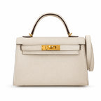 handmade Mini Kelly II 19cm imported Epsom Leather cream White Gold Buckle — Streamlined Mini Handbag