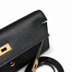 Kelly to go Color: ck89/Noir Size: 19*11.5*1.5cm Leather: Epsom Hardware: Gold shoulder crossbody bag, clutch bag, Black, cowhide, Gold Buckle — Refined Small Hand-Carry Bag