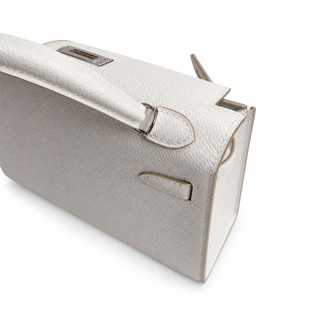 handmade Mini Kelly II 19cm imported Epsom Leather M4 milk gray Silver Buckle — Elegant Compact Carry Style