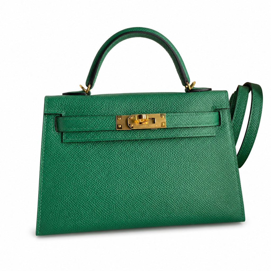 handmade Mini Kelly II 19cm imported Epsom Leather Velvet Green Gold Buckle — Distinctive Petite Bag