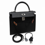 Timeless Top-Handle Design: Kelly 32cm in Black Epsom Leather with Silver Buckle Handmade