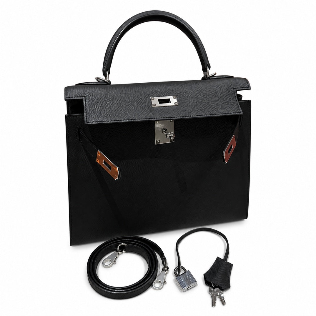 Timeless Top-Handle Design: Kelly 32cm in Black Epsom Leather with Silver Buckle Handmade