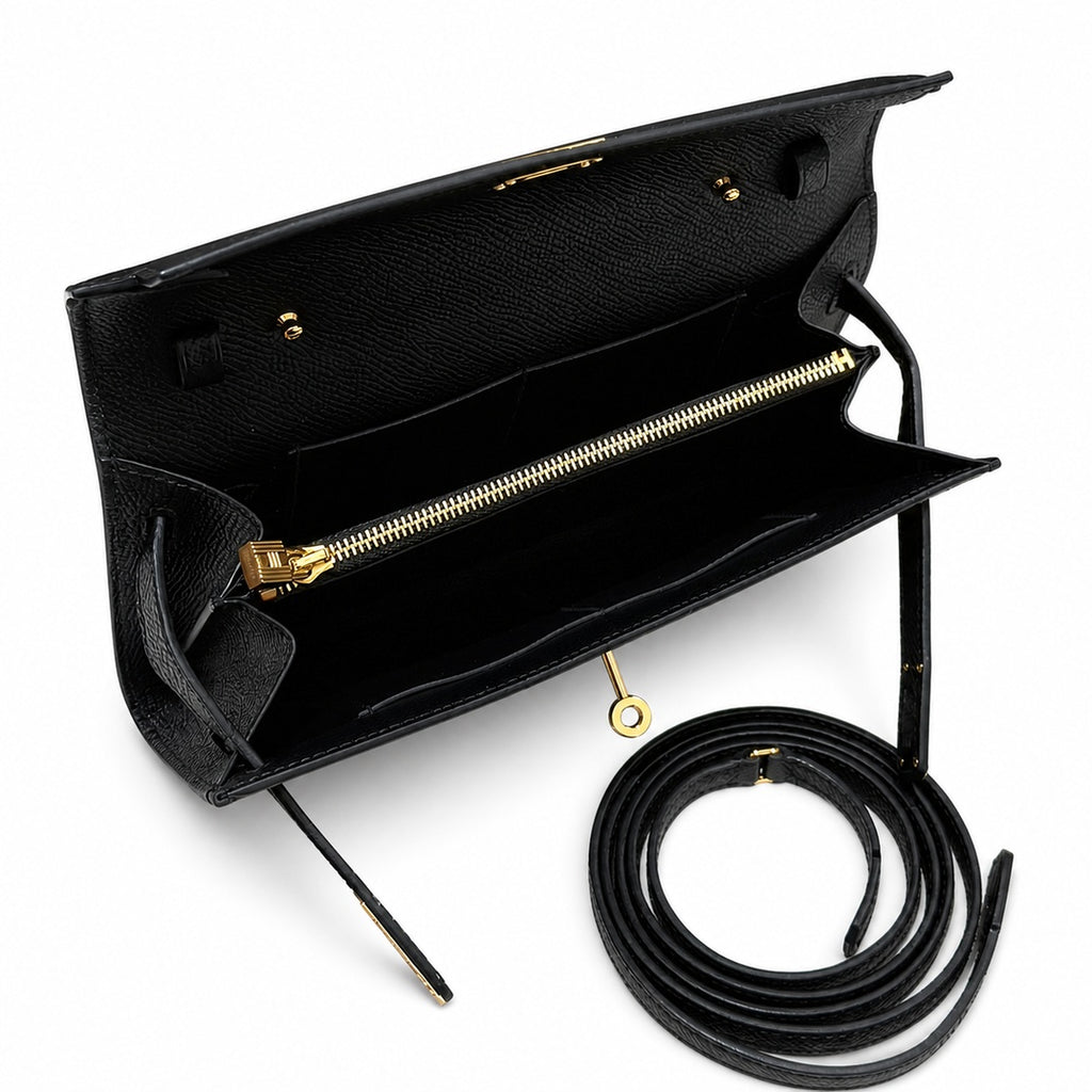 Refined Small Hand-Carry Bag: Kelly to go Color: ck89/Noir Size: 19*11.5*1.5cm Leather: Epsom Hardware: Gold shoulder crossbody bag, clutch bag, Black, cowhide, Gold Buckle