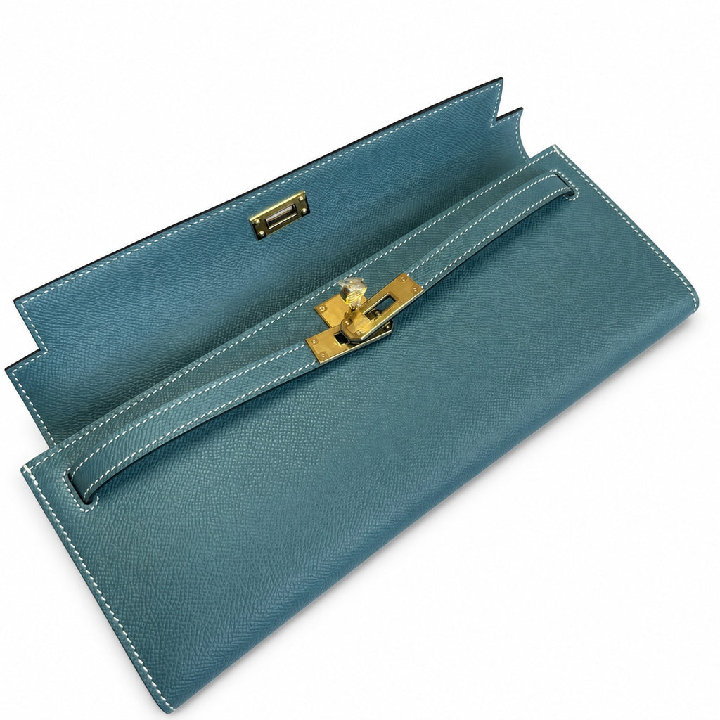 Kelly Cut 31 Clutch Epsom Leather Denim Blue — Polished Compact Clutch
