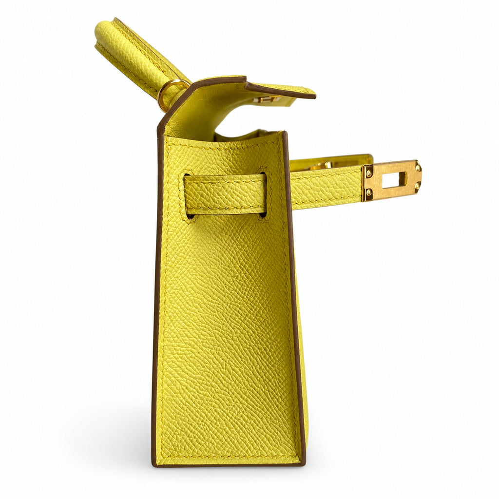 handmade Mini Kelly II 19cm imported Epsom Leather lemon yellow Gold Buckle — Elegant Compact Carry Style