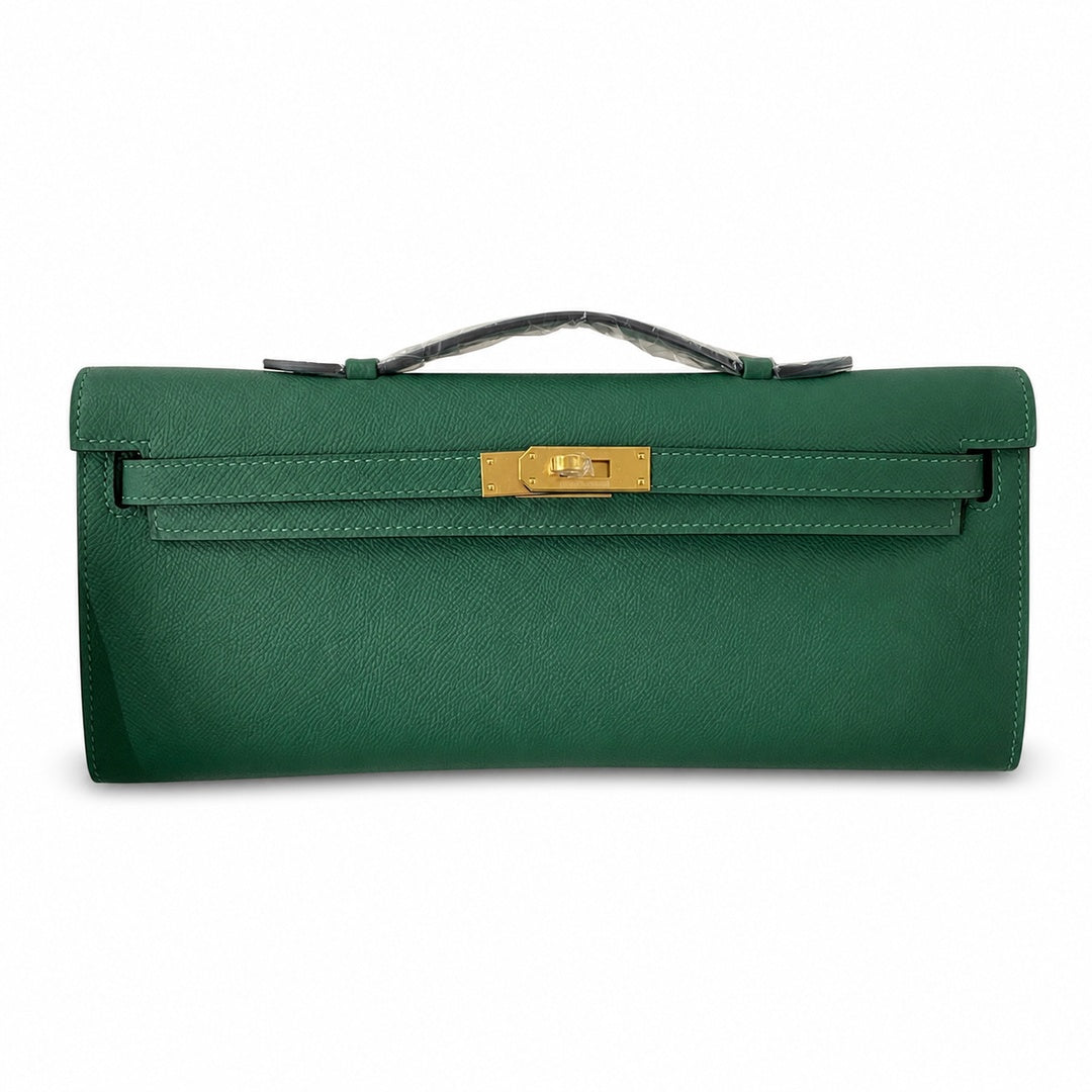 Kelly cut 31 clutch Epsom malachite green Gold Buckle — Refined Flat Clutch