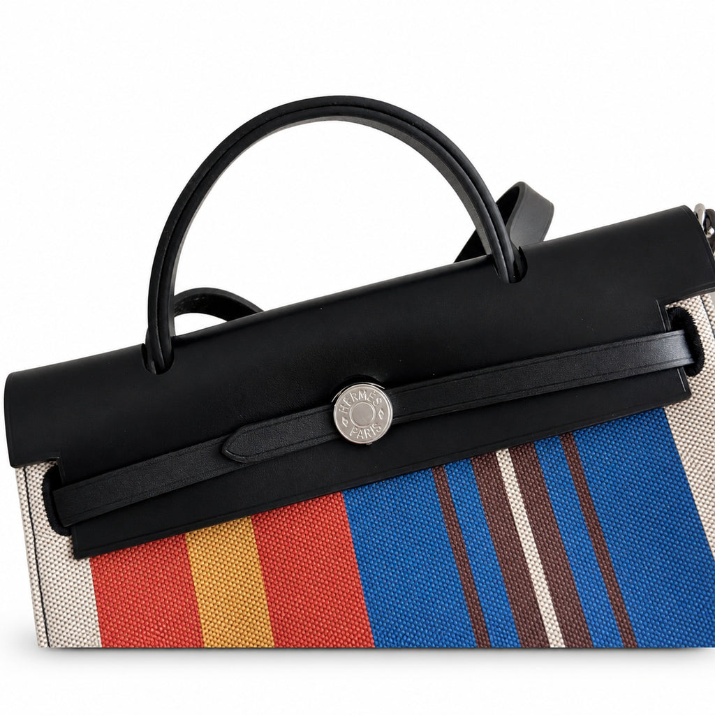 Elegant Canvas-and-Leather Bag: Herbag 31cm Saddle-Inspired Canvas Body with Leather Handle and Shoulder Strap