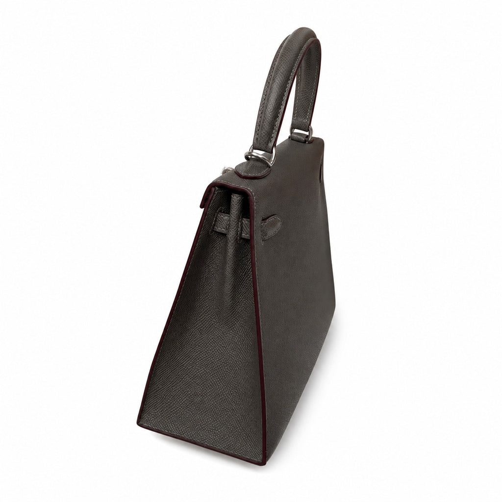 Kelly 25 pewter gray Epsom Silver Buckle fully handmade with wax thread — Sophisticated Carry Design