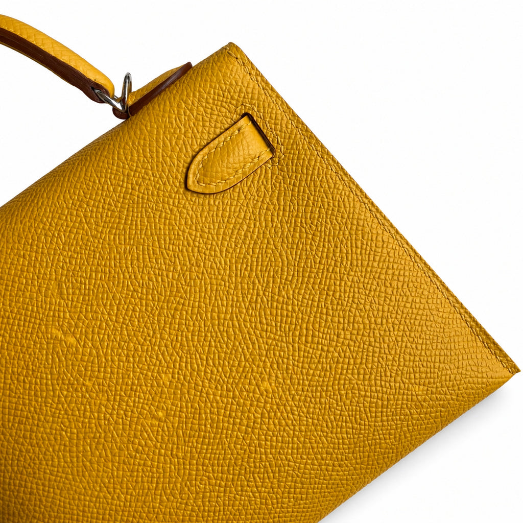 handmade Mini Kelly II 19cm imported Epsom Leather amber yellow Silver Buckle — Elegant Compact Carry Style