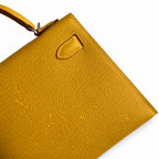 handmade Mini Kelly II 19cm imported Epsom Leather amber yellow Silver Buckle — Elegant Compact Carry Style
