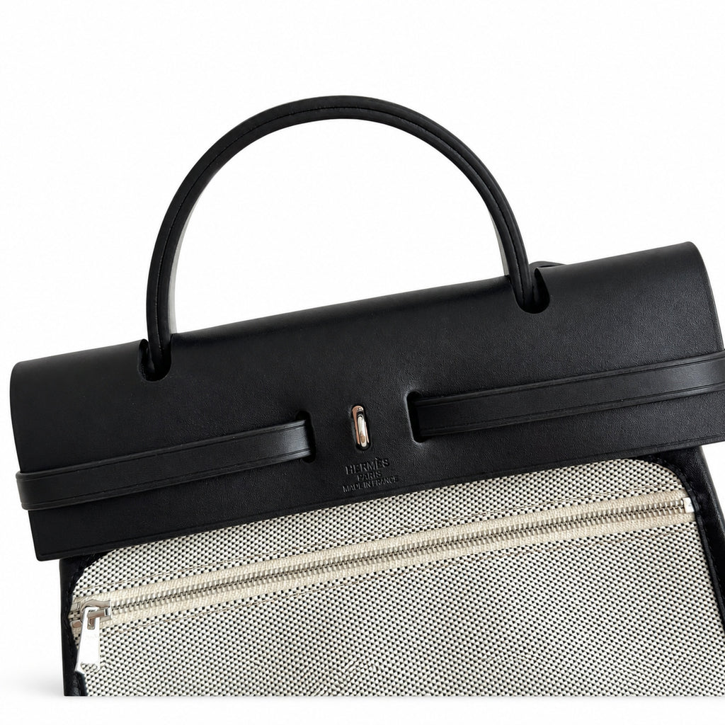 Elegant Leather-Accented Canvas Bag: Herbag 31cm Saddle-Inspired Canvas Body with Leather Handle and Shoulder Strap