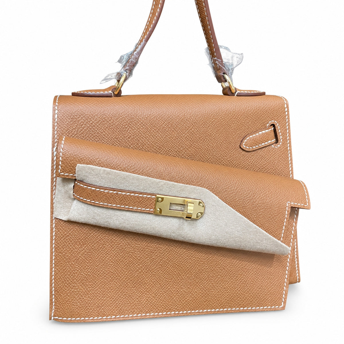 Kelly Desordre 20cm Sellier double-sided Epsom original palm print leather ck37 Golden Brown Gold Gold Buckle GHW top hand sewing — Double-Sided Structured Handbag