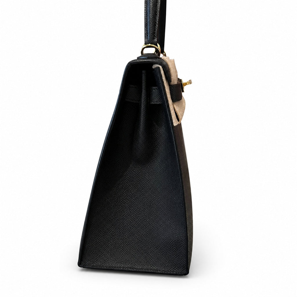 Kelly 32cm in Black Epsom Leather with Gold Buckle Handmade — Distinctive Hand-Carry Bag