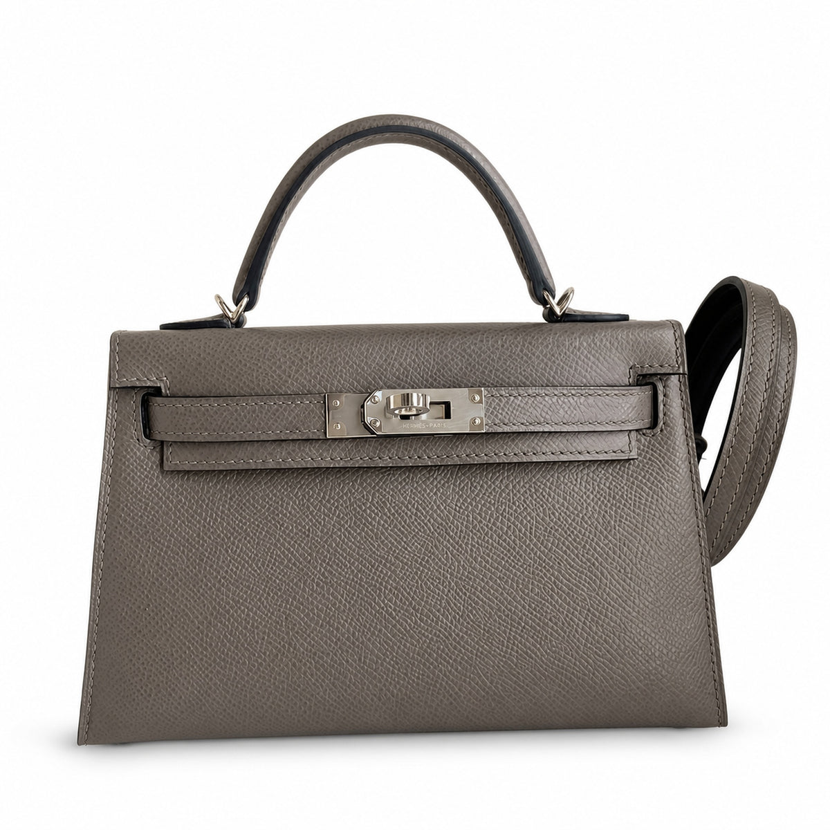 handmade Mini Kelly II 19cm imported Epsom Leather pewter gray Silver Buckle — Refined Mini Handbag