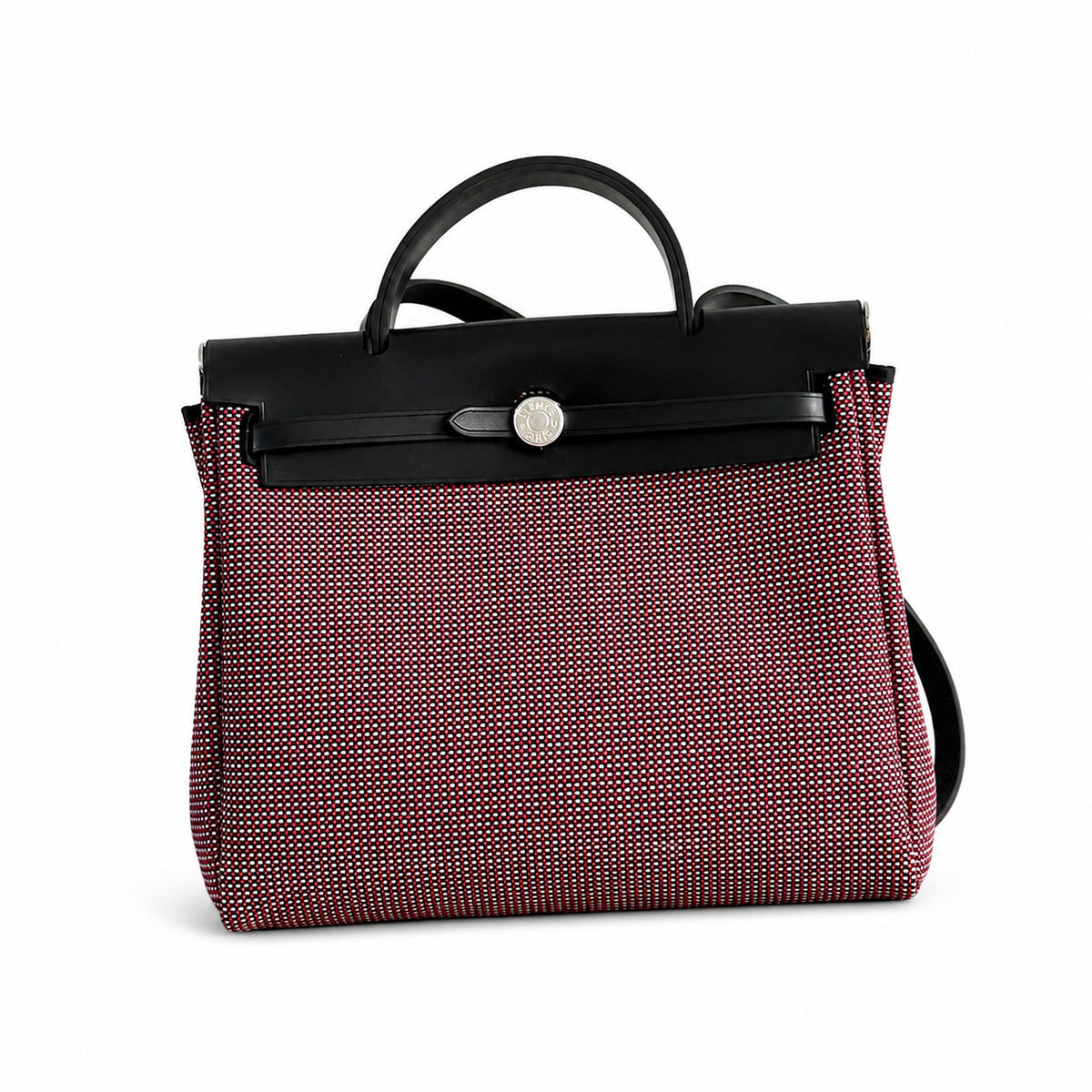 Herbag 31cm Saddle-Inspired Canvas Body with Leather Handle and Shoulder Strap — Distinctive Leather-Trimmed Canvas Design