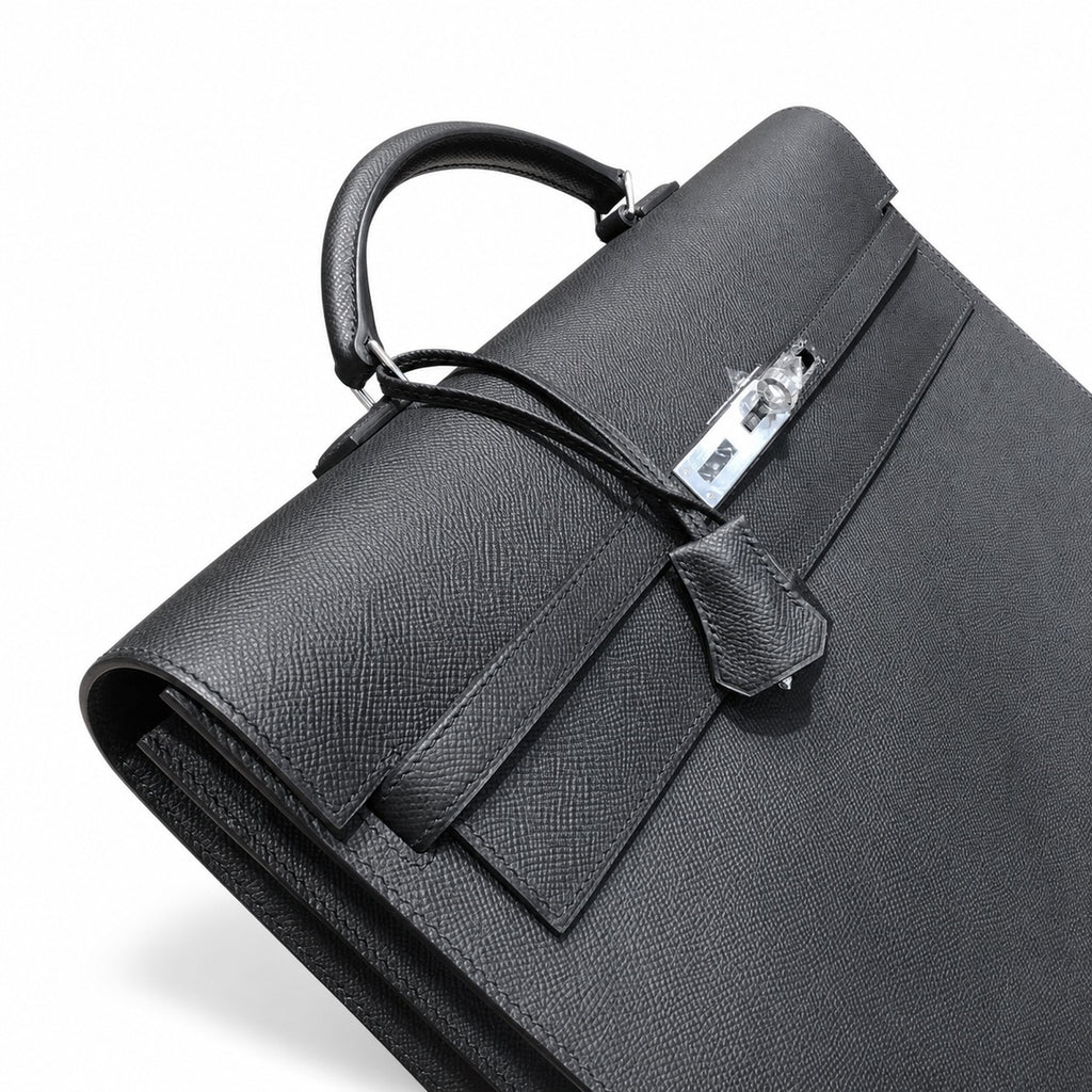 Kelly briefcase 38cm Epsom Leather 89 Noir Black top handcraft — Refined Business Carryall