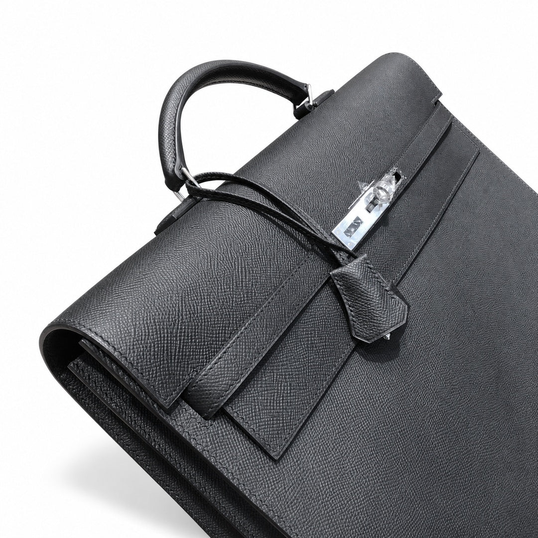 Kelly briefcase 38cm Epsom Leather 89 Noir Black top handcraft — Refined Business Carryall