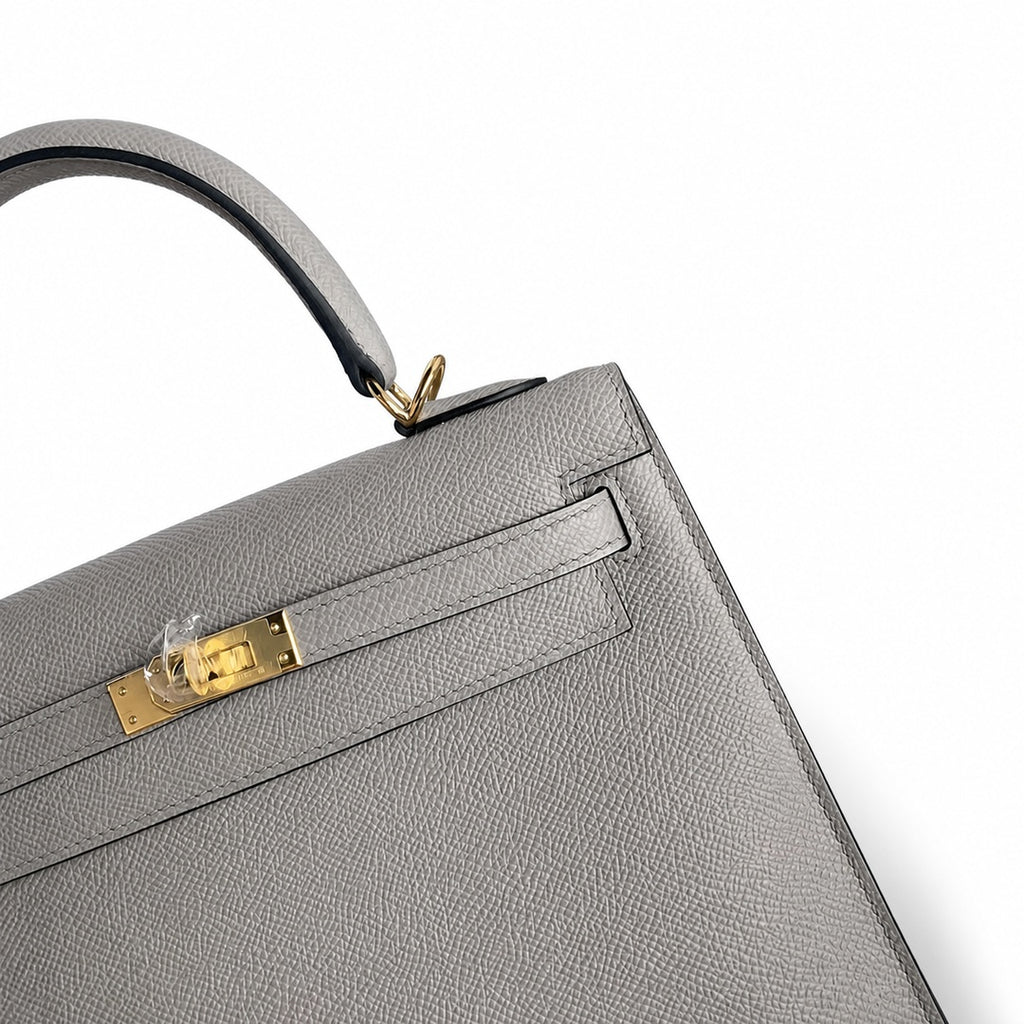 Kelly 25 M8 asphalt gray Gold Buckle Epsom pure handmade wax thread — Refined Top-Handle Bag