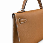 handmade Second generation Kelly 19cm imported Epsom Leather earthy yellow Gold and Silver Buckle — Sophisticated Small-Scale Bag