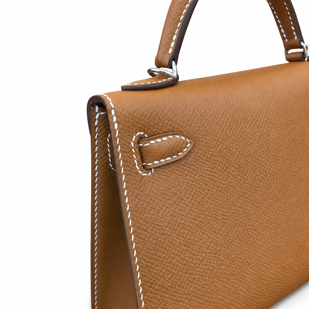 handmade Second generation Kelly 19cm imported Epsom Leather earthy yellow Gold and Silver Buckle — Sophisticated Small-Scale Bag