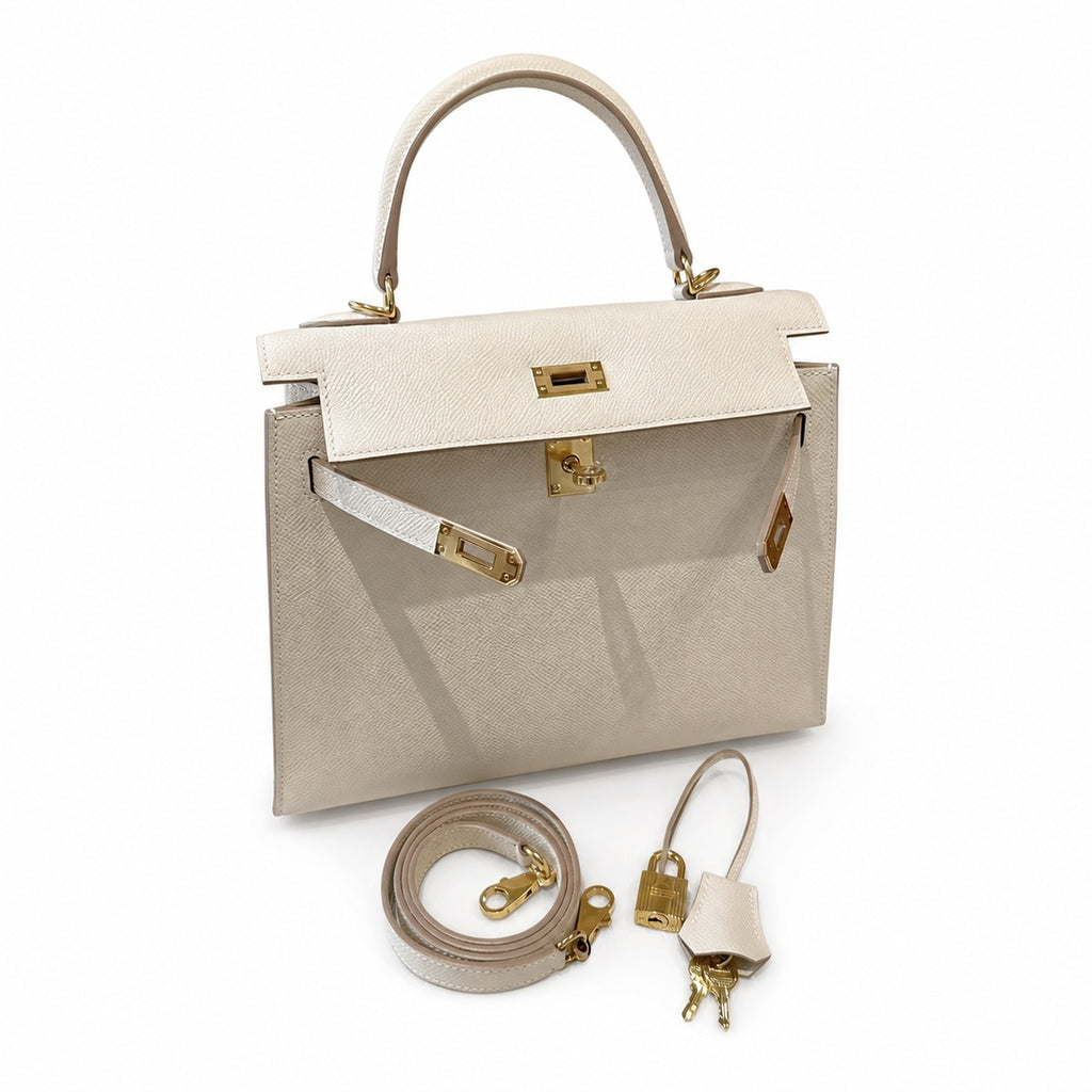 Kelly 25cm in Milkshake White Epsom Leather with Gold Buckle Handmade — Refined Top-Handle Bag