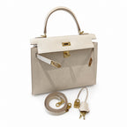 Kelly 25cm in Milkshake White Epsom Leather with Gold Buckle Handmade — Refined Top-Handle Bag