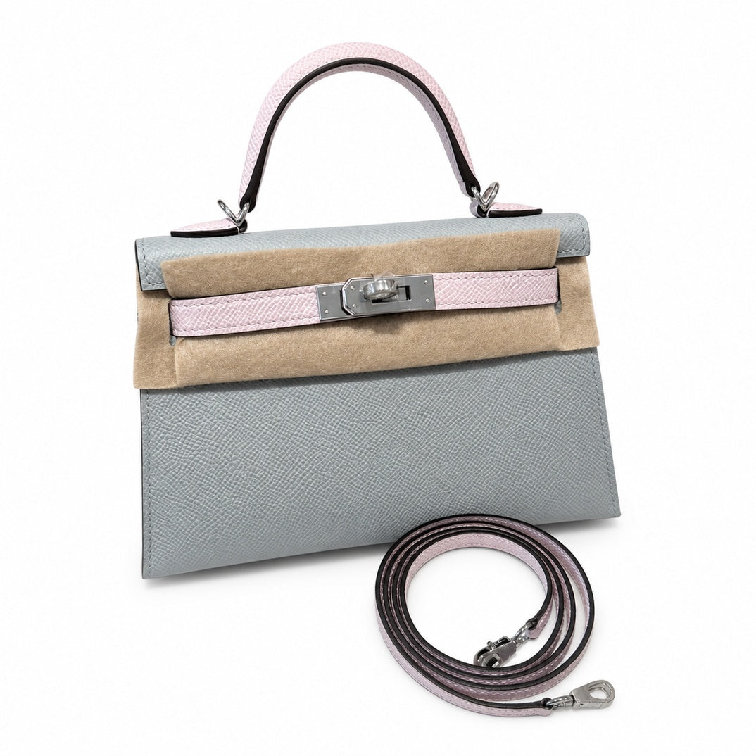 Mini Kelly II 19cm in Blue glacier & Mauve Pale Epsom Leather with Silver Buckle — Streamlined Mini Handbag