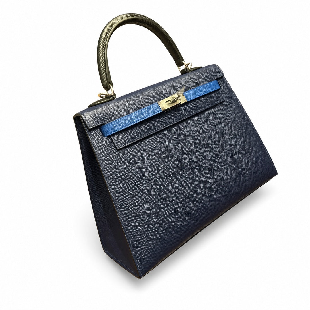 Kelly 25cm Epsom Leather 2Z Blue Nuit Midnight Blue with 89 Noir Black with 71 Bleu France French blue top handcraft — Structured Top-Handle Handbag