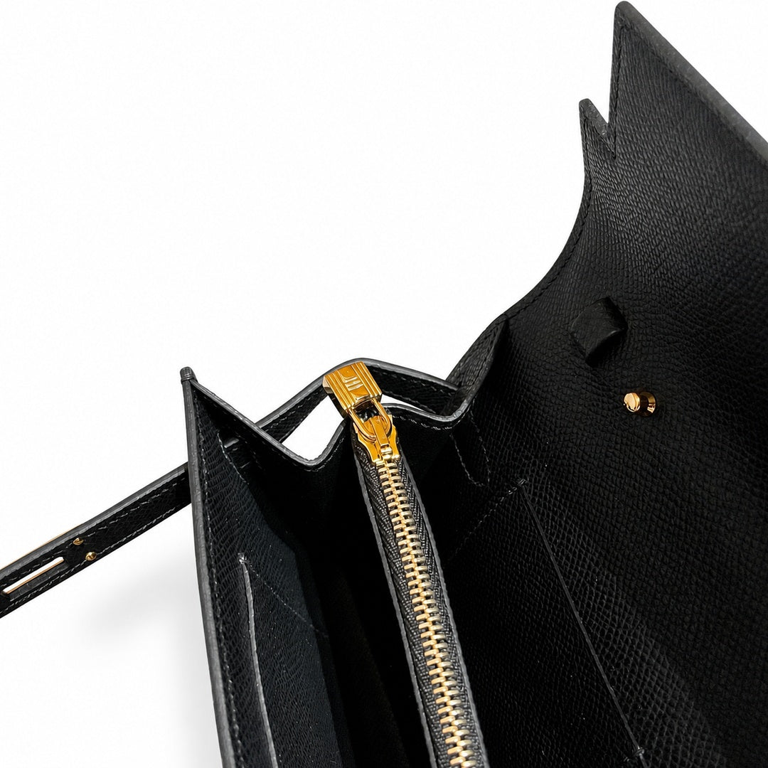 Kelly in Black Epsom Leather with Gold Buckle — Structured Top-Handle Handbag