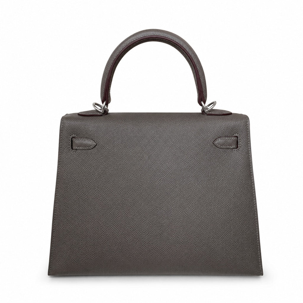 Kelly 25 pewter gray Epsom Silver Buckle fully handmade with wax thread — Sophisticated Carry Design