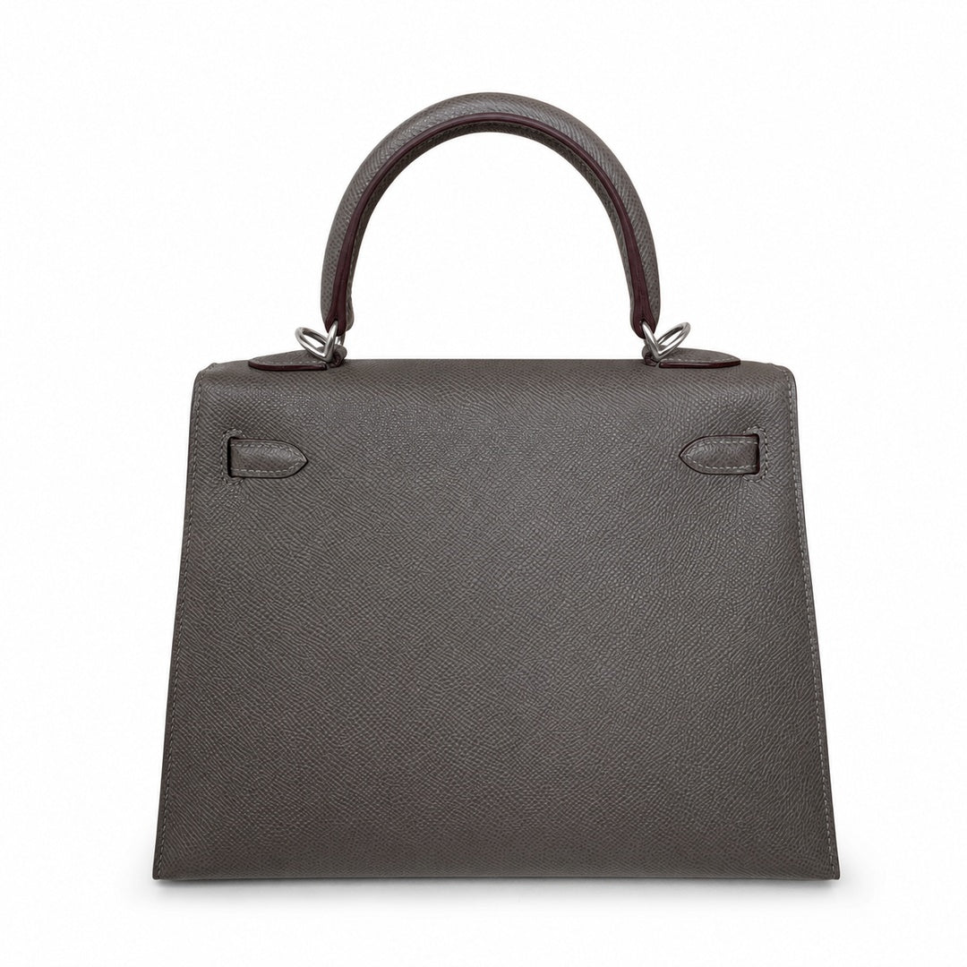 Kelly 25 pewter gray Epsom Silver Buckle fully handmade with wax thread — Sophisticated Carry Design