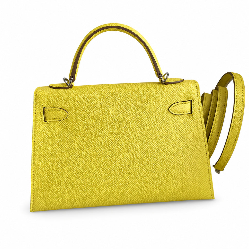 handmade Mini Kelly II 19cm imported Epsom Leather lemon yellow Silver Buckle — Streamlined Mini Handbag