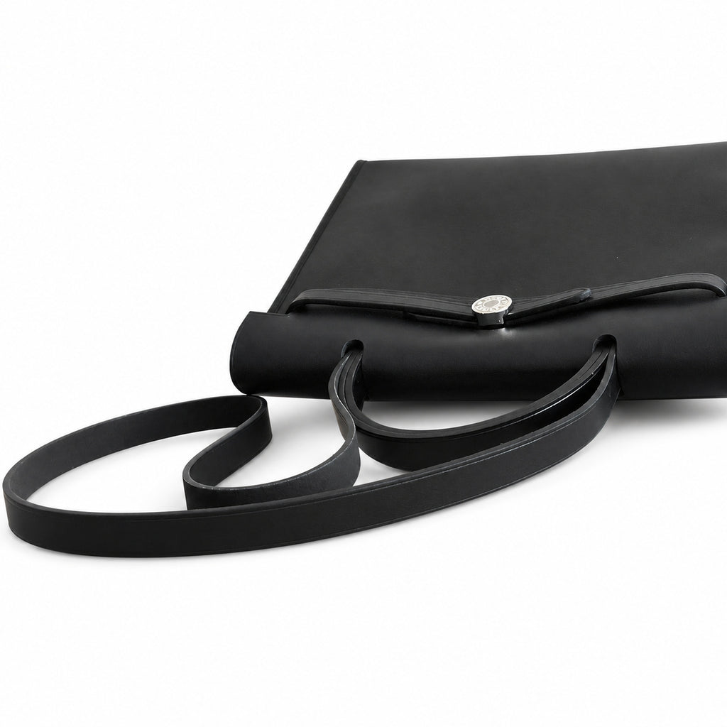 Herbag 31cm Saddle-Inspired Canvas Body with Leather Handle and Shoulder Strap — Elegant Leather-Accented Canvas Bag