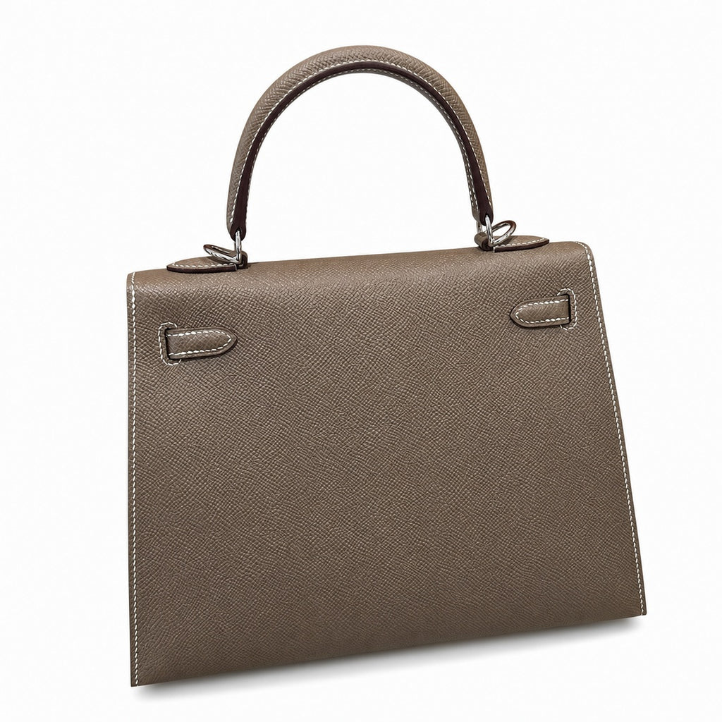 Kelly 25cm in Elephant Gray Epsom Leather with Silver Buckle Handmade — Distinctive Hand-Carry Bag