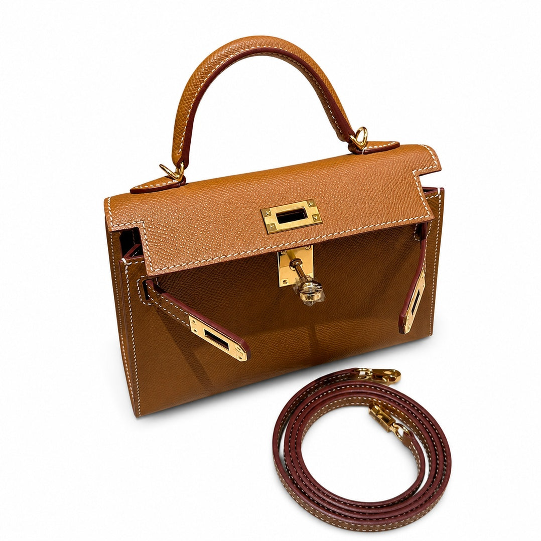 Mini Kelly II 19cm in Gold Epsom Leather with Gold Buckle — Distinctive Petite Bag