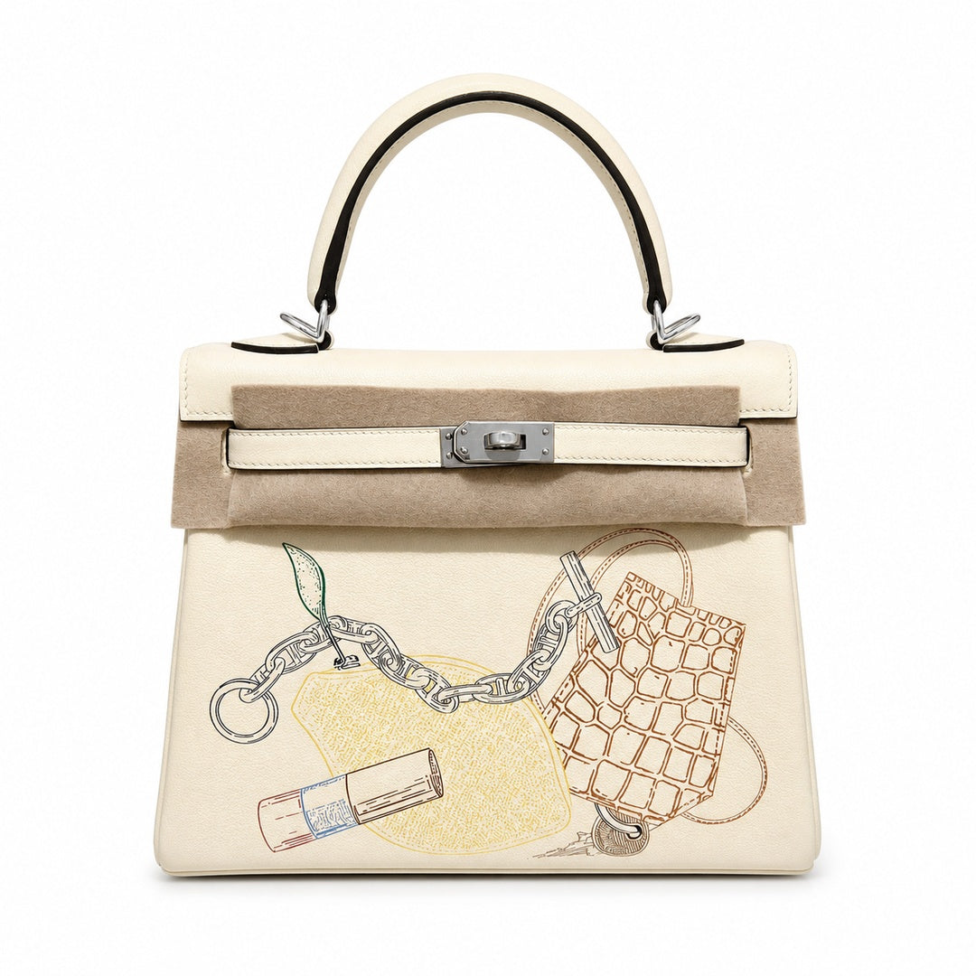 Kelly Graffiti 25cm in Nata Epsom Leather with Silver Buckle Handmade — Distinctive Hand-Carry Bag