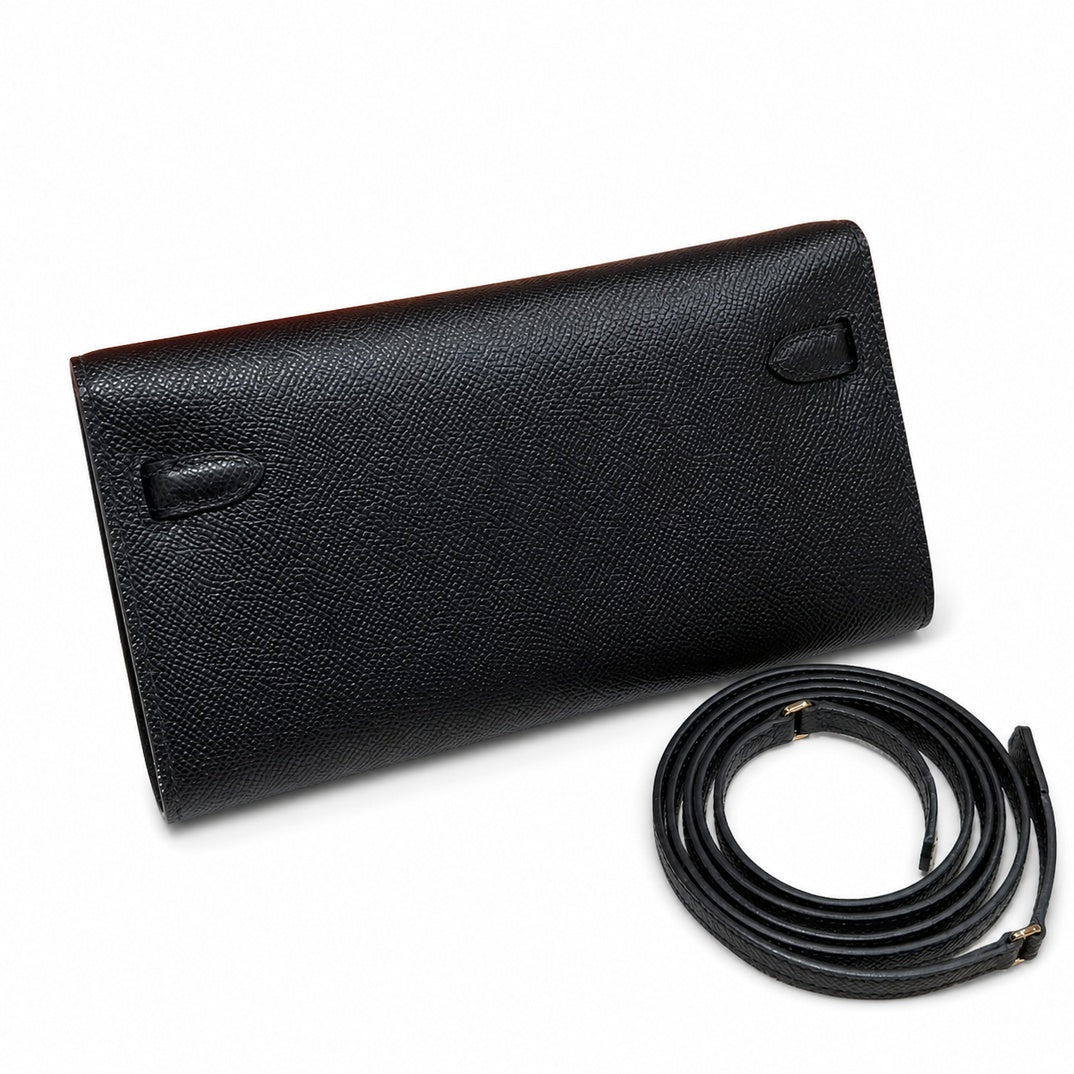 Kelly to go Color: ck89/Noir Size: 19*11.5*1.5cm Leather: Epsom Hardware: Gold shoulder crossbody bag, clutch bag, Black, cowhide, Gold Buckle — Refined Small Hand-Carry Bag