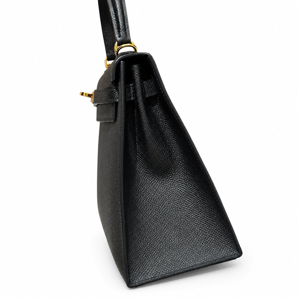 Kelly 25cm in Black Epsom Leather with Gold Buckle Handmade — Refined Top-Handle Bag