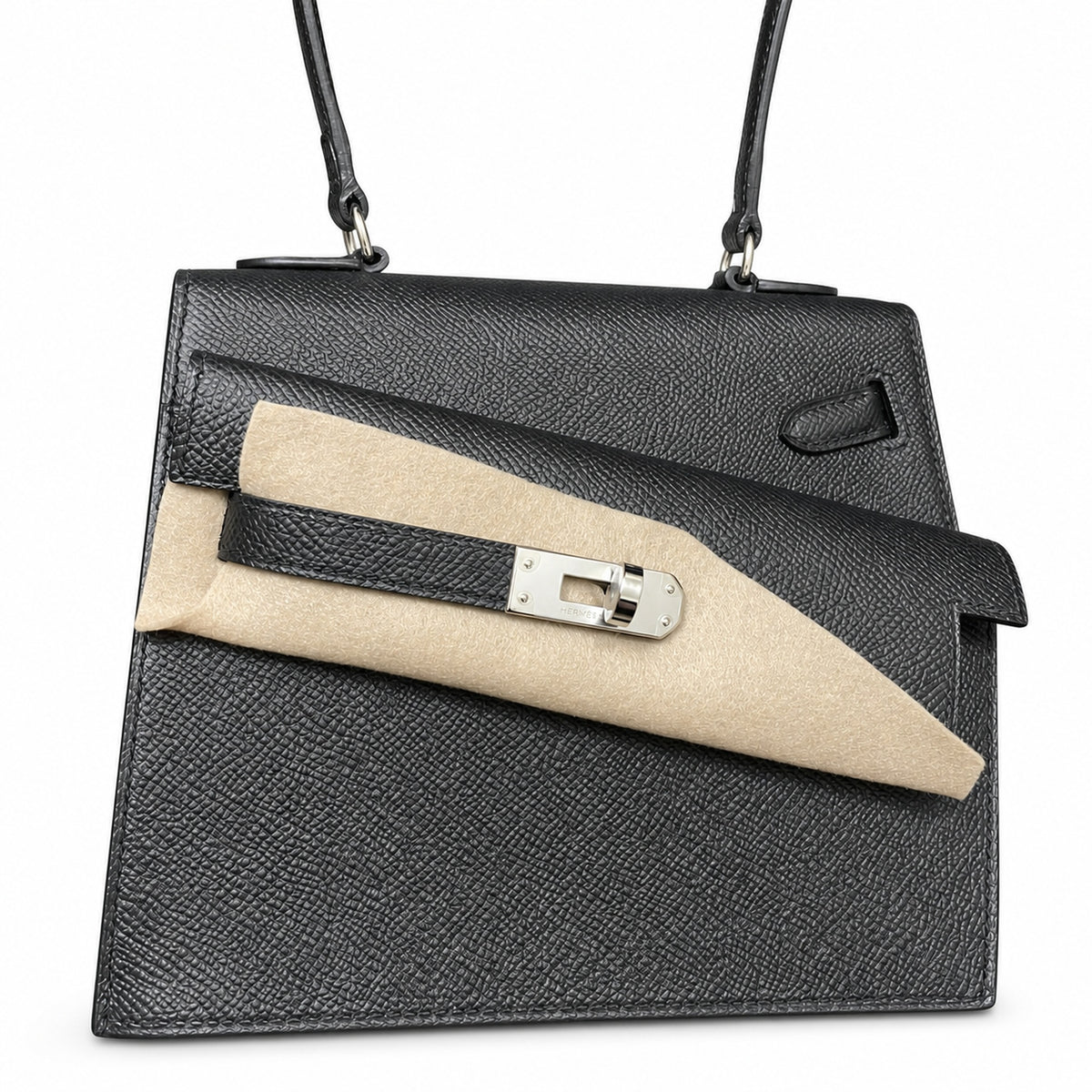 Kelly Desordre 20cm Sellier double-sided Epsom original palm print leather ck89 Black Noir Silver Buckle PHw top hand sewing — Refined Reversible Carry Design