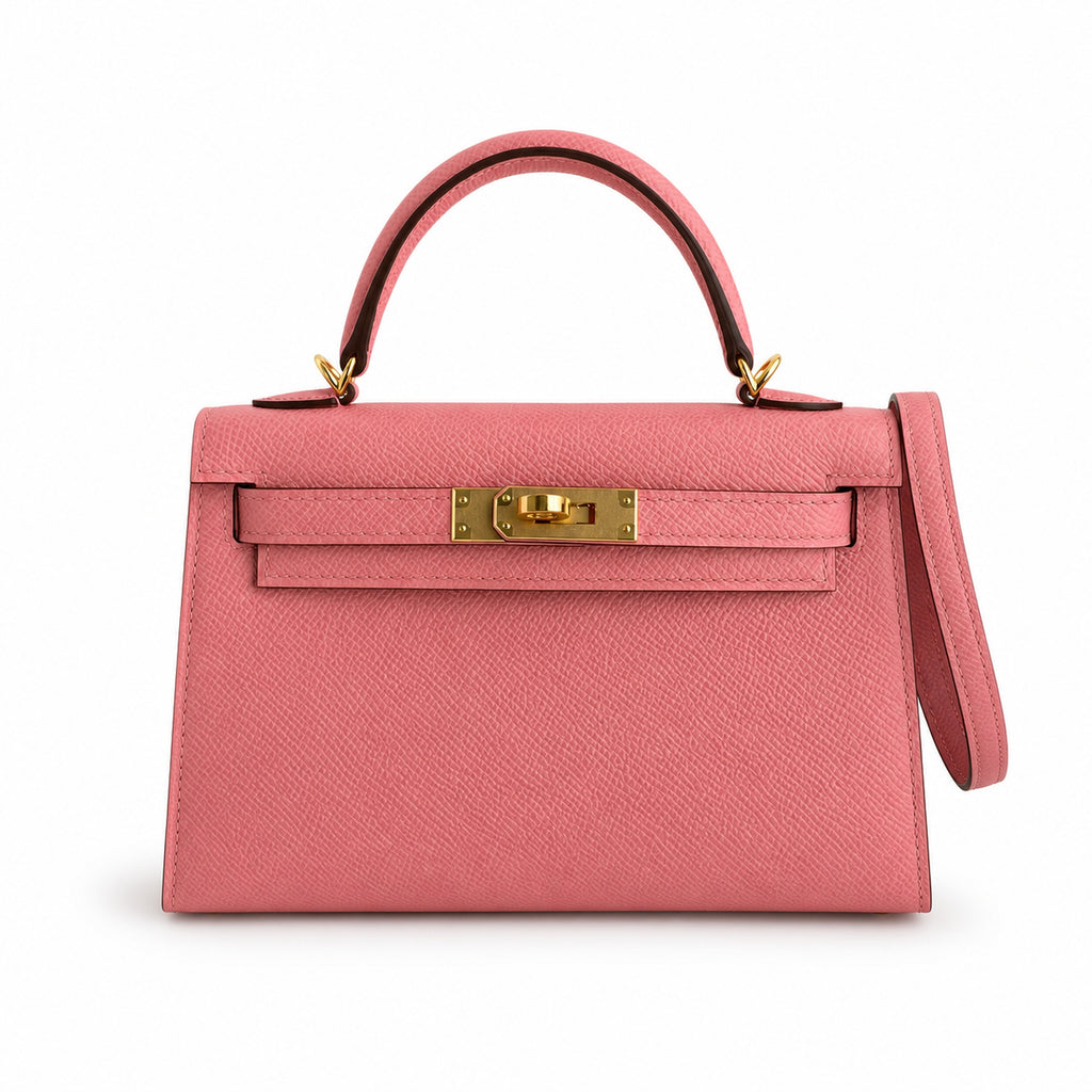 handmade Mini Kelly II 19cm imported Epsom Leather Milkshake Powder Gold Buckle — Timeless Mini Top-Handle Design